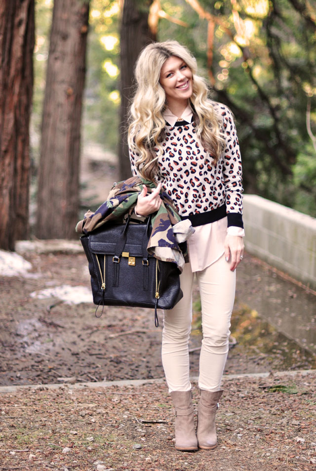 neutral outfit, long waves, cheetah sweatshirt, camouflage jacket