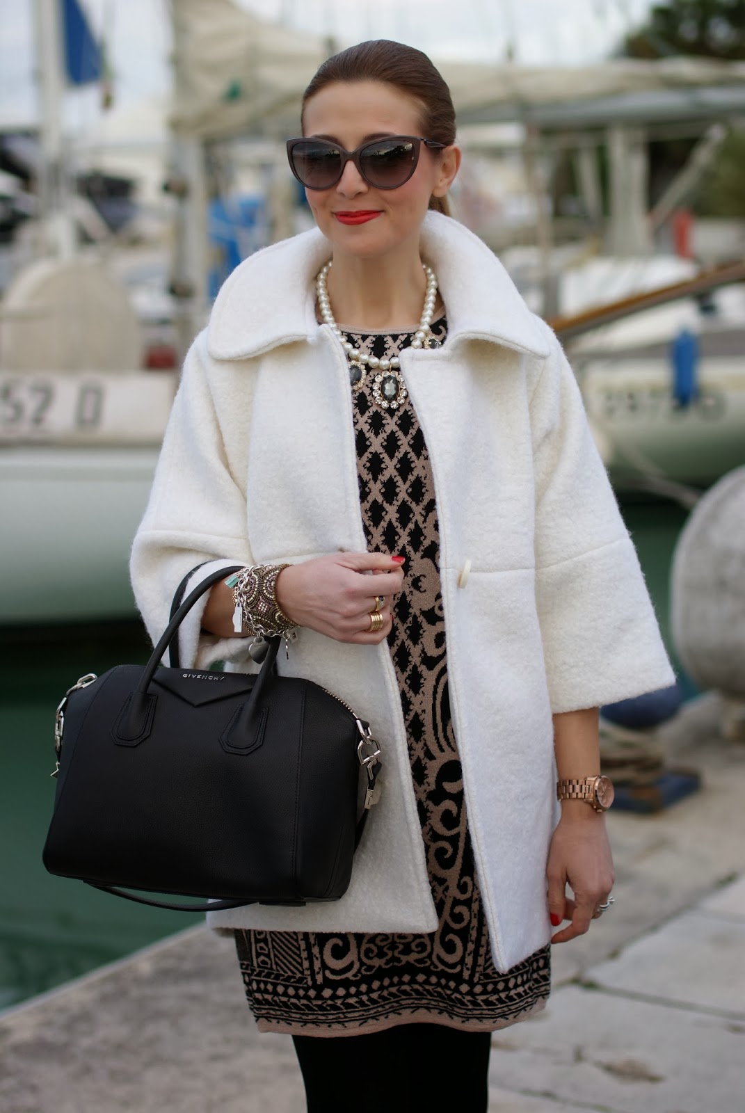 Chicwish white coat, baroque print dress, Givenchy Antigona bag, Fashion and Cookies, fashion blogger
