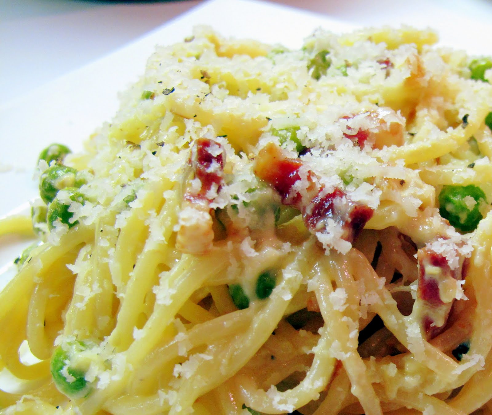 Dragon's Kitchen Spaghetti Carbonara With Pancetta and Peas