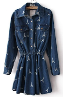Navy Long Sleeve Eiffel Tower Pockets Denim Dress Navy Long Sleeve Eiffel Tower Pockets Denim Dress