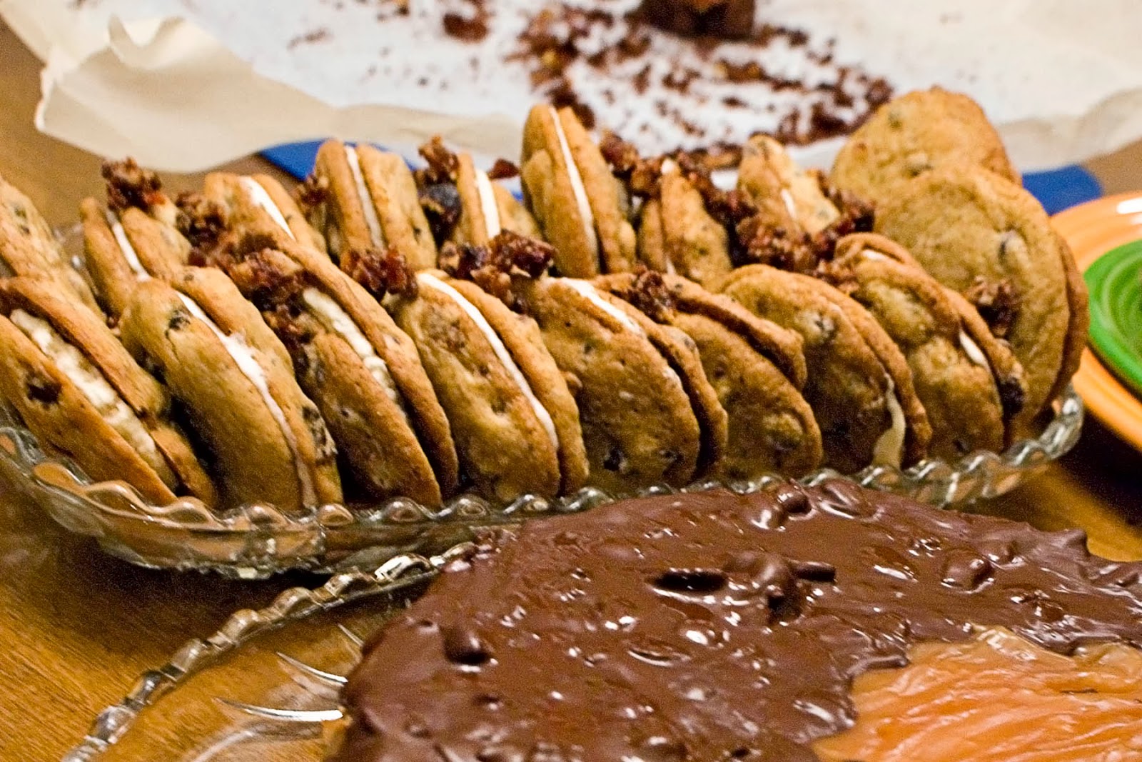 The Hungry Lovers Chocolate Chip Candied Bacon Cookies with Bourbon Cream