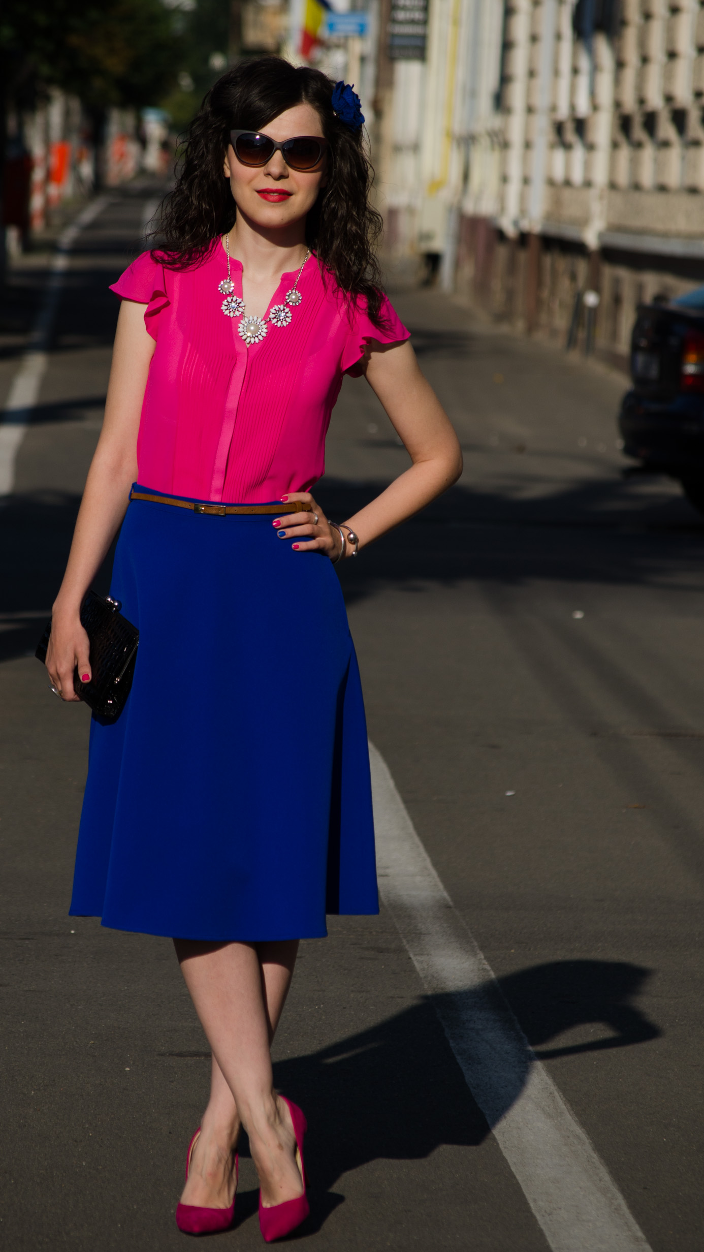 wedding attire cobalt blue skirt bright orchid shirt H&M fuchsia heels statement necklace