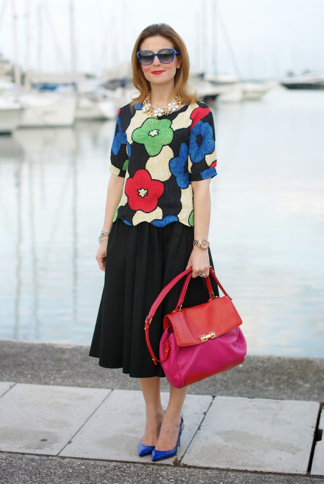 floral print cropped blouse, zara midi skirt, Le Silla shoes, Fashion and Cookies, fashion blogger