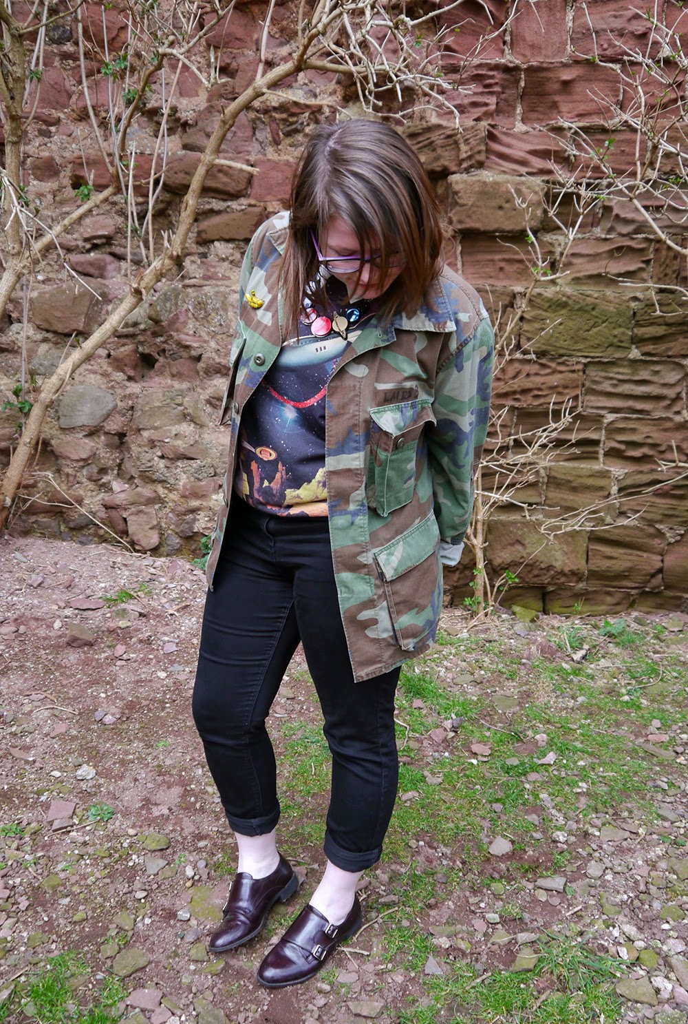 Heather Mac Be Our Guest, Guest Post, Little Sister, Scottish Blogger, Heather Mac, Mac In Your Face, Space Style, Topshop space jumper, Sugar & Vice space necklace, Lunan bay, Red Castle, Scotalnd, outfit post, camoflage jacket