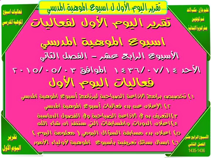 مصادر التعلم بمدرسة صقر الجزيرة الابتدائية بالأحد تقرير فعاليات اسبوع الموهبة المدرسي التقرير المصور لفعاليات اليوم الأول