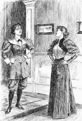 19thC cartoon - two smartly-dressed young women talking about clothes