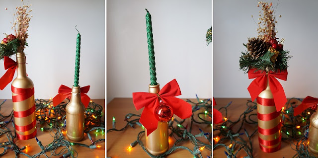 garrafas pintadas de dourado com materiais para decoração de Natal