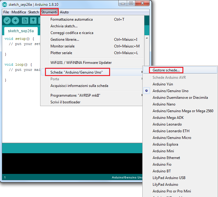 Arduino IDE, Gestore Schede Arduino IDE, Gestore Schede