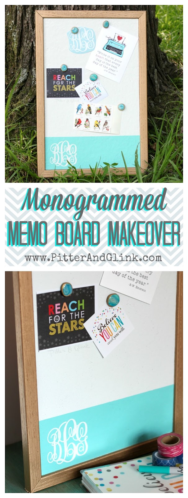 Makeover a plain memo board with spray paint and a vinyl monogram used as a reverse stencil. pitterandglink.com #monogram #Silhouette