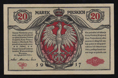 POLAND currency Polish banknotes White Eagle 20 marka 20 marek polskich, 1917