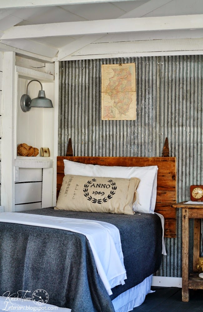 Cottage Guest House with barn gate headboard and barn light via Knick of Time