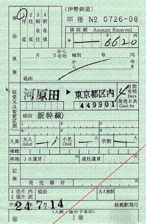 伊勢鉄道 出札補充券 鈴鹿駅 JR線内完結乗車券