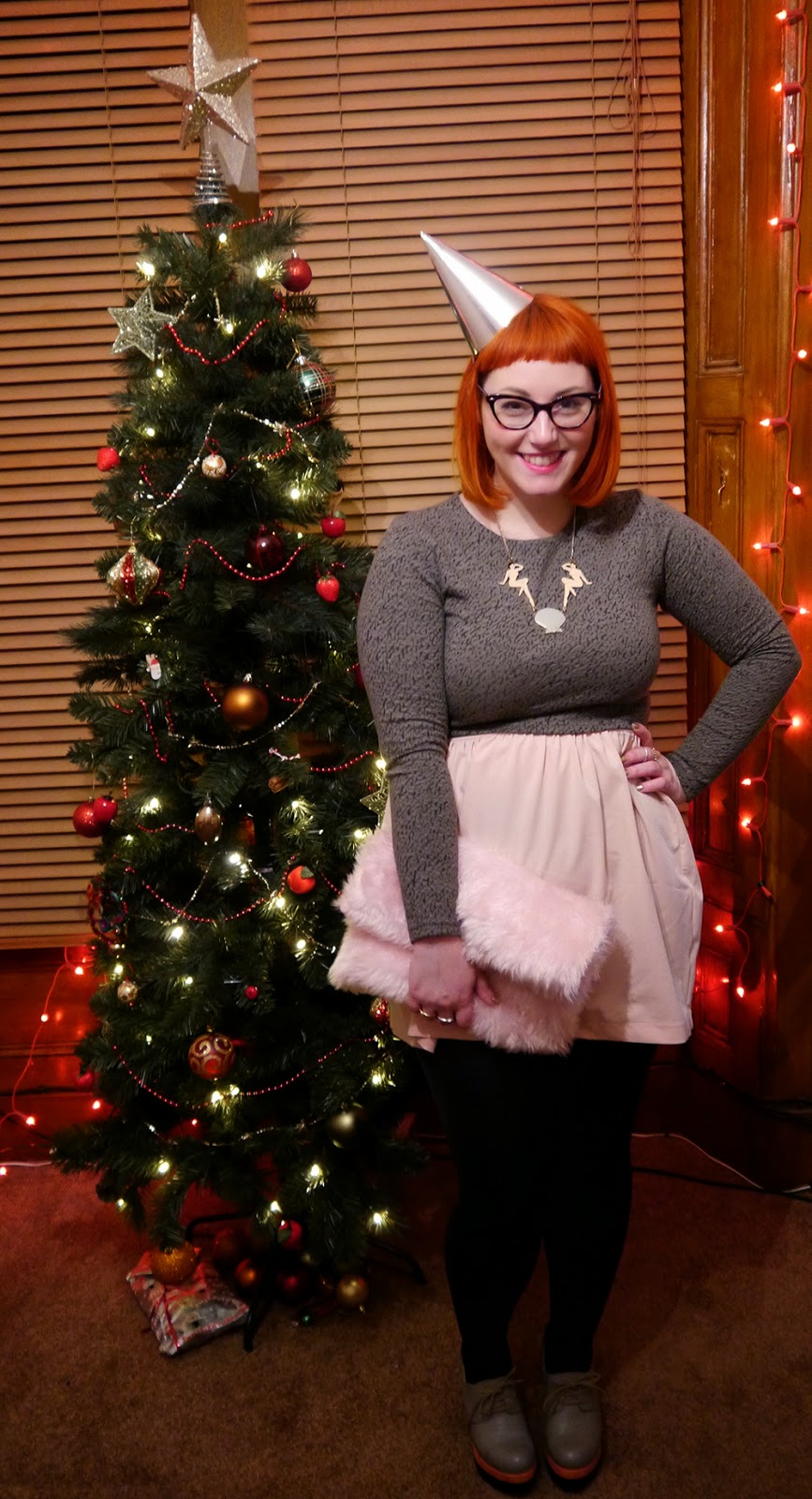 Outfit, party outfit, new years eve, hogmanay, ninties style, 90's style outfit,Wear Eponymous crop top, Wear Eponymous skirt, Wear Eponymous Outfit, Karen Mabon necklace, Party hat, pink faux fur clutch bag, platform shoes, Scottish bloggers, retro hogmanay, Christmas tree, festive style
