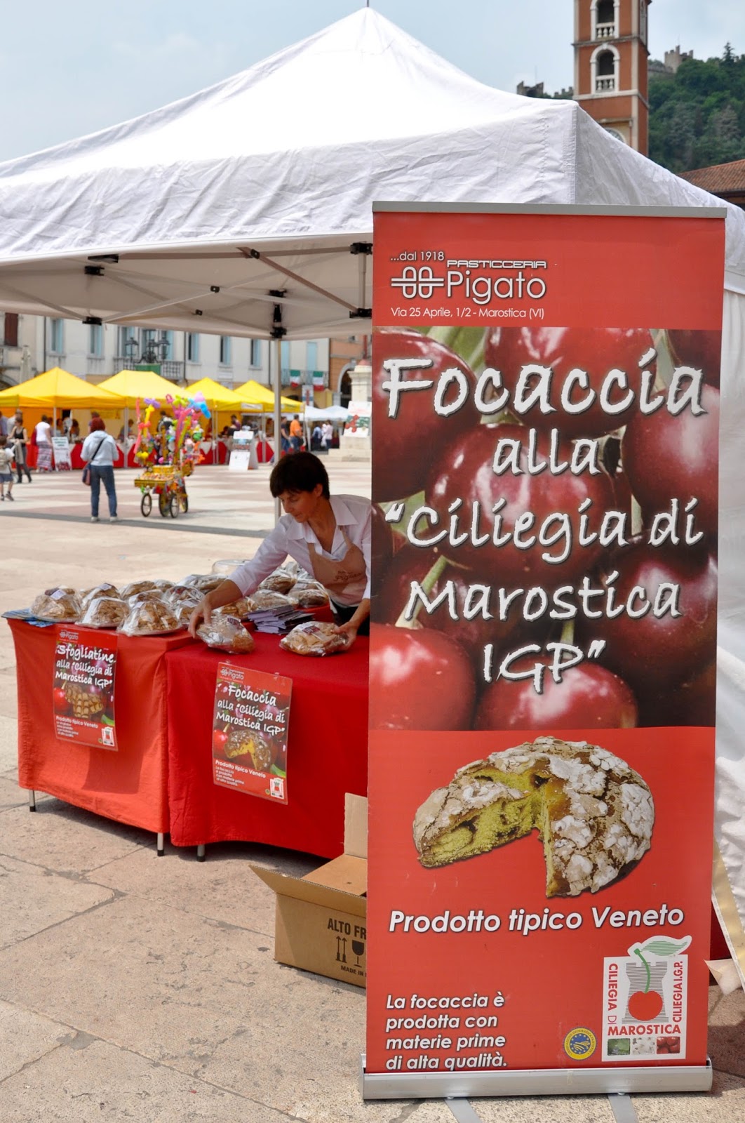 The cherry focacia stall at the Cherry Show Market in Marostica, Veneto, Italy