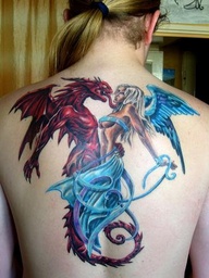 COLORFUL DEMON AND ANGEL TATTOOS ON BACK BODY