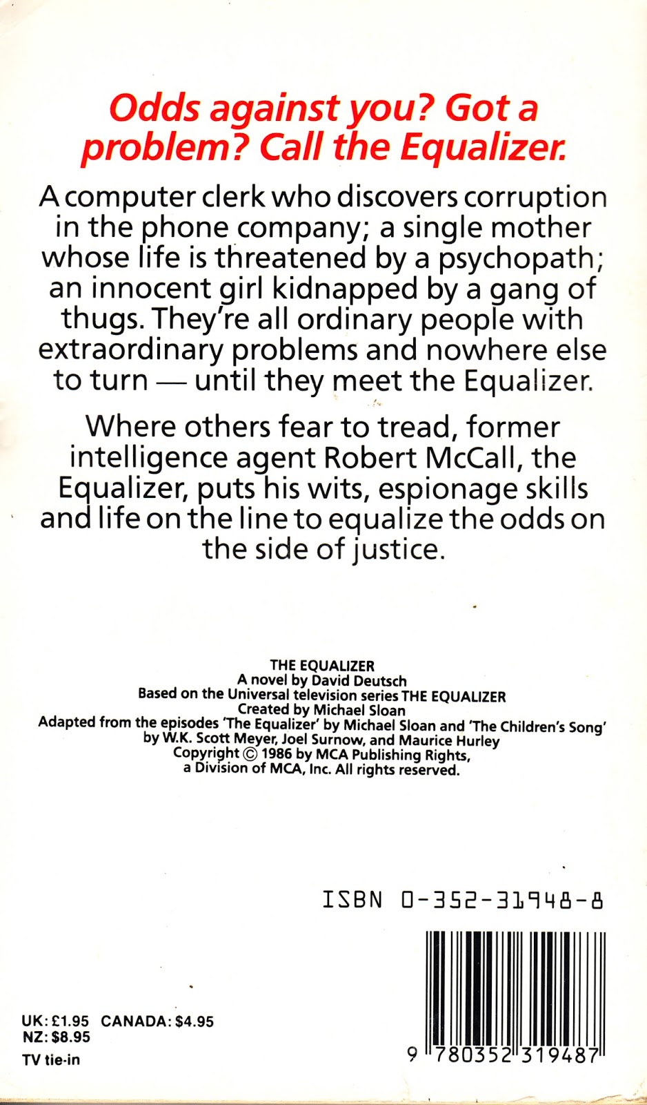 STARLOGGED GEEK MEDIA AGAIN 1986 THE EQUALIZER BOOK 1 by DAVID