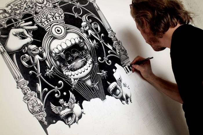 Joe Fenton continues to mesmerize us with his skilled hand and imaginative mind at work on the latest addition to his ongoing series titled The Landing. The artist has just recently completed the second and biggest panel of his large-scale triptych. The first two of his three-part drawings feature his signature monochromatic style in graphite on paper.