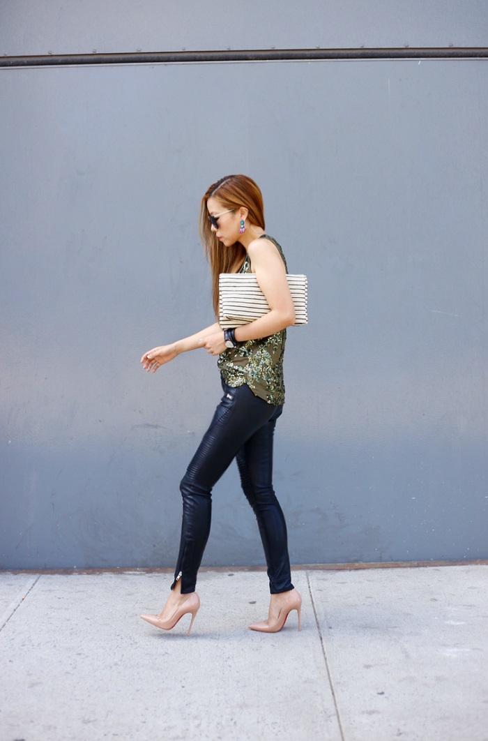 Shall We Sasa Sequin Tank J.Crew iridescent sequin tank, nastygal sunglasses, prada retro sunglasses, baublebar statement necklace, blank denim moto pants, christian louboutin so kate heels, hat attack foldover clutch, hat attack new york, hermes bracelet, daniel wellington watches, fashion blog, street style, new york fashion blog