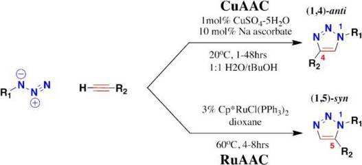 Click Chemistry (CC) producing "anti" or "syn" isomers, depending on heavy metals and temperature.