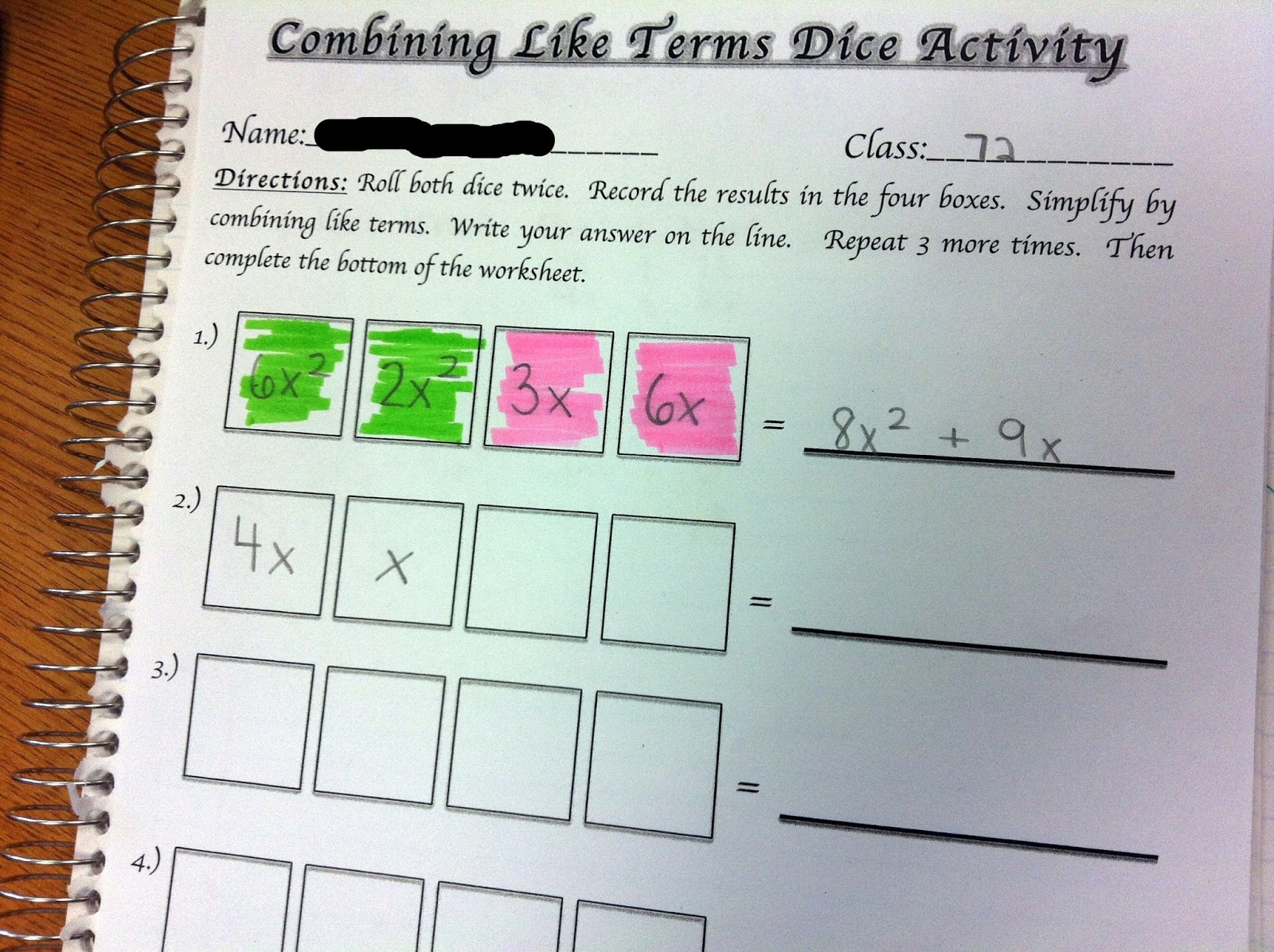 Middle School Math Madness!: Combining Like Terms Dice Activity