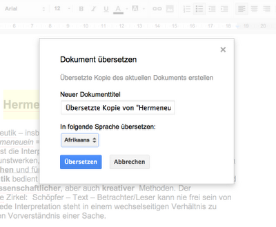 Screenshot der Funktion Dokument übersetzen innerhalb von Google Docs