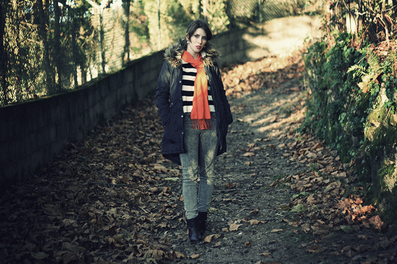 parka outfit chicnova striped sweater orange scarf lion of porches