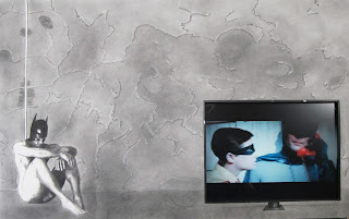 The Batman in The Batcave (Brooding Over Robin)  Charcoal, conte and Embedded Appropriated Video. Circa 2013  Framed to 30x40 inches.