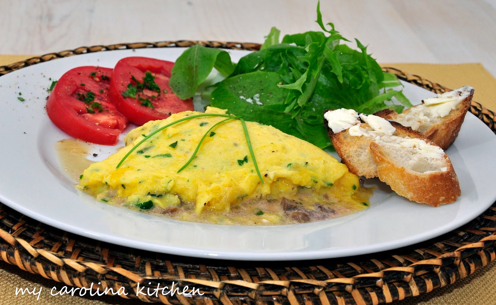 My Carolina Kitchen Truffle Omelet with Fine Fresh Herbs and a Port