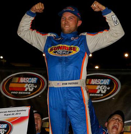  Ryan Partridge celebrates his NASCAR K&N Pro Series West win Saturday night in the NAPA Auto Parts 150 at Colorado National Speedway. Justin Edmonds/Getty Images for NASCAR 