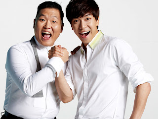 Psy and Lee Seung Gi with White Shirts Samsung Refrigerator Ads HD Wallpaper