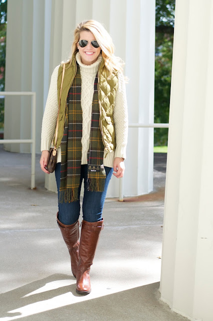 525 America Sweater, J.Crew Excursion Vest and Tory Burch Riding Boots.