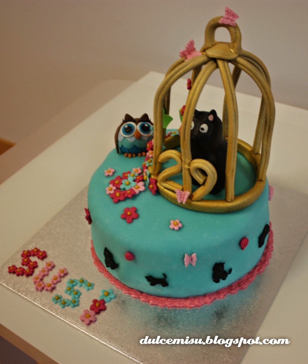 tarta, cumpleaños, jaula, gato, búho, fondant, dulcemisu, flores, reposteria creativa