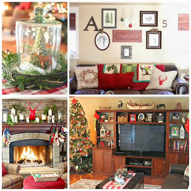 Family Room in Christmas Home Tour with Stone Fireplace, leather furniture, Pottery Barn inspired wall entertainment unit