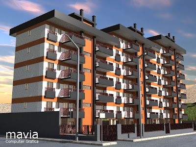 Architettura 3d - residence : moderni appartamenti per civile abitazioni in complesso residenziale, rendering edifici 3d. Immagine creata in cinema 4d e Vray