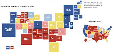 Maps side by side with red, blue and yellow states for Romney, Obama and up for grabs, one with geographic outlines, the other with scaled squares for each state