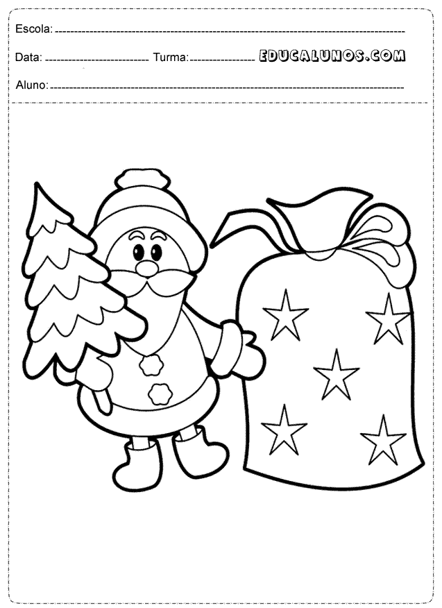 Pintar e colorir Papai Noel com arvore de natal e sino