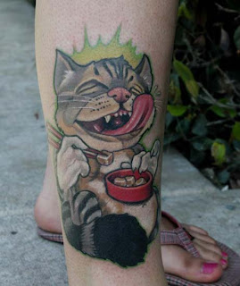 Happy Cat Tattoo Design on Leg