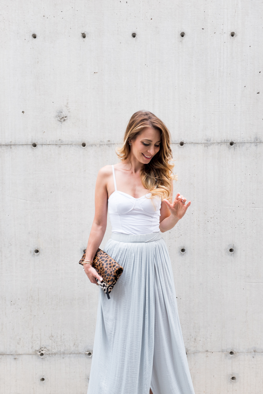pearled grey pale blue zara maxi skirt outfit