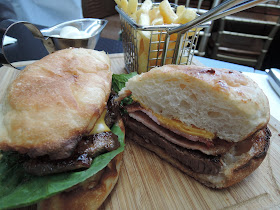 57 cafe;  burger and chips, lunch