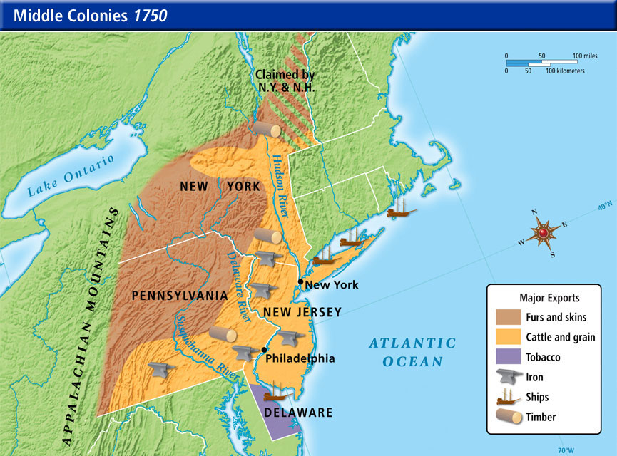 What landforms were in the middle colonies?