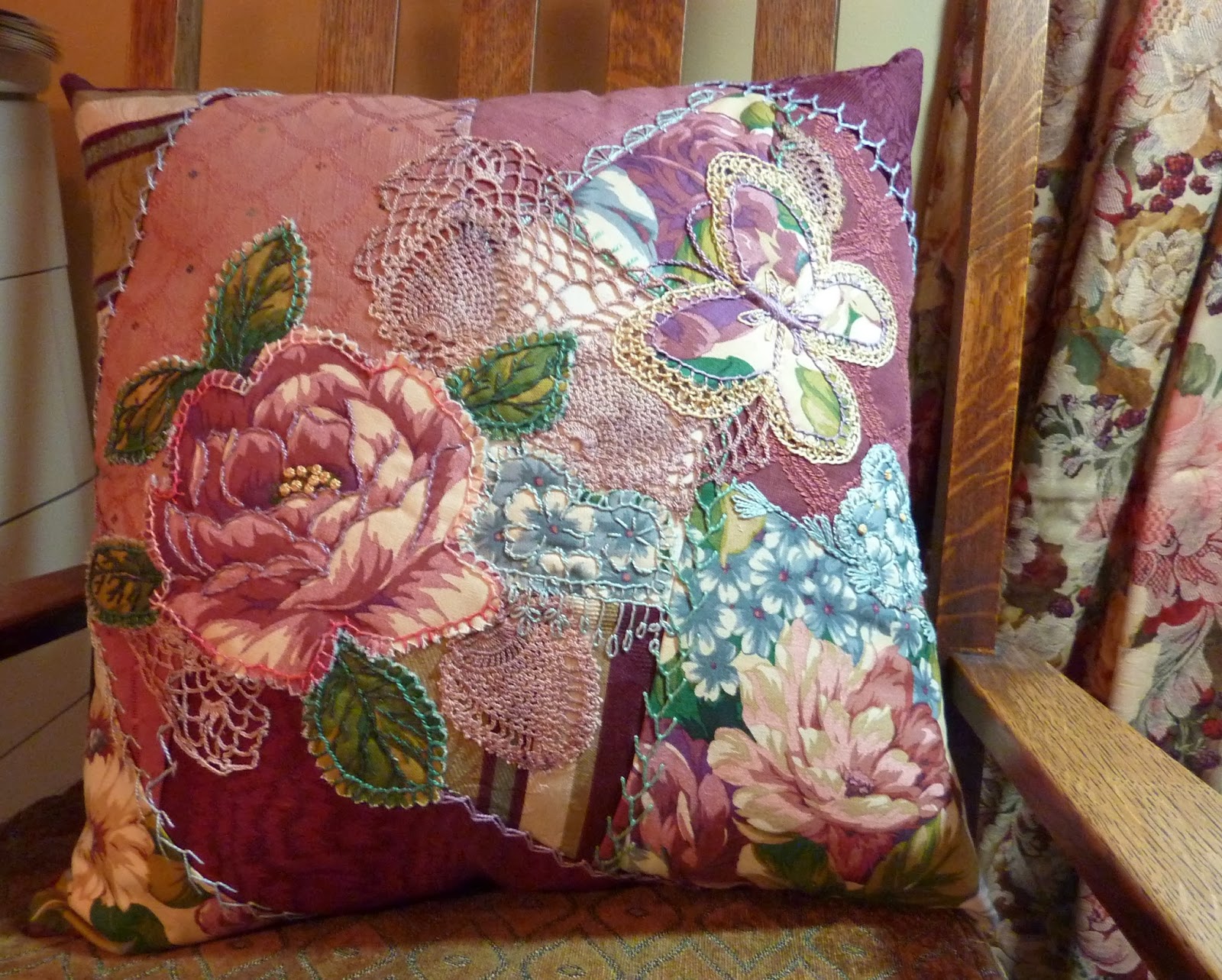 Connie Eyberg Originals Crazy Quilt Upholstery Sample Pillow Completed