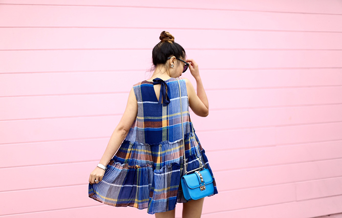 Shall We Sasa Summer Swing dress and Nordstrom anniversary sale chicwish Breezeway Tartan Sleeveless Crepe Dress, valentino lock bag, schutz lace up sandals, lace up sandals, updos, karen walker super duper sunglasses, hermes bracelet, chanel earrings, twirling, swing dress, chic wish dress, nordstrom anniversary sale, nordstrom anniversary beauty sale, nsale
