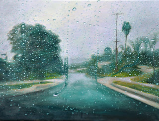 Katherine Kean, Between the Drops. contemporary landscape painting, rain drops, road, green, contemporary realism