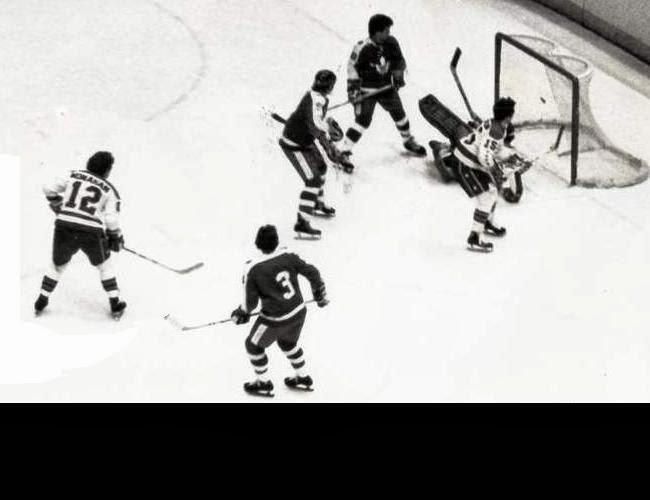  Vs. Toronto: Three Leafs and Hartland Monahan (12) have a wonderful view as Guy Charron scores 