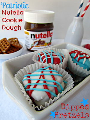 patriotic nutella cookie dough dipped pretzels in a white dish with title