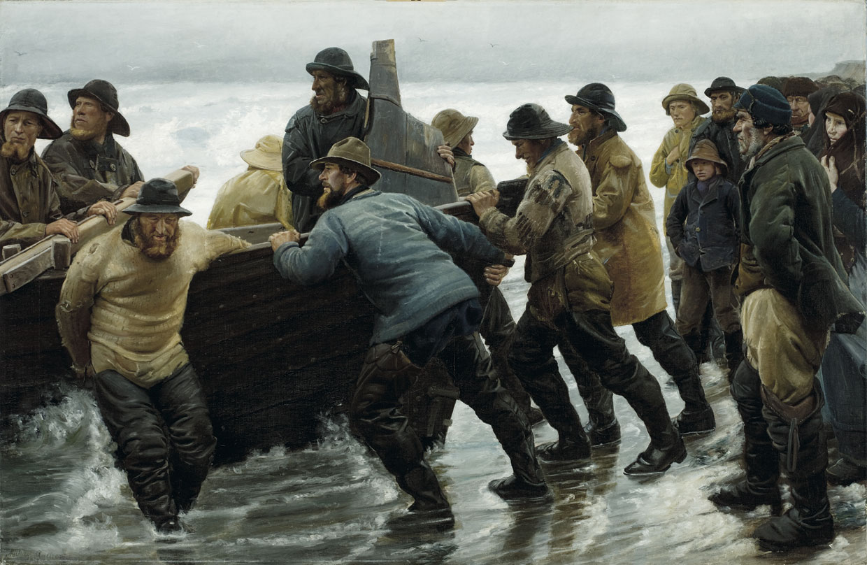 Michael Ancher Fishermen launching a rowing boat