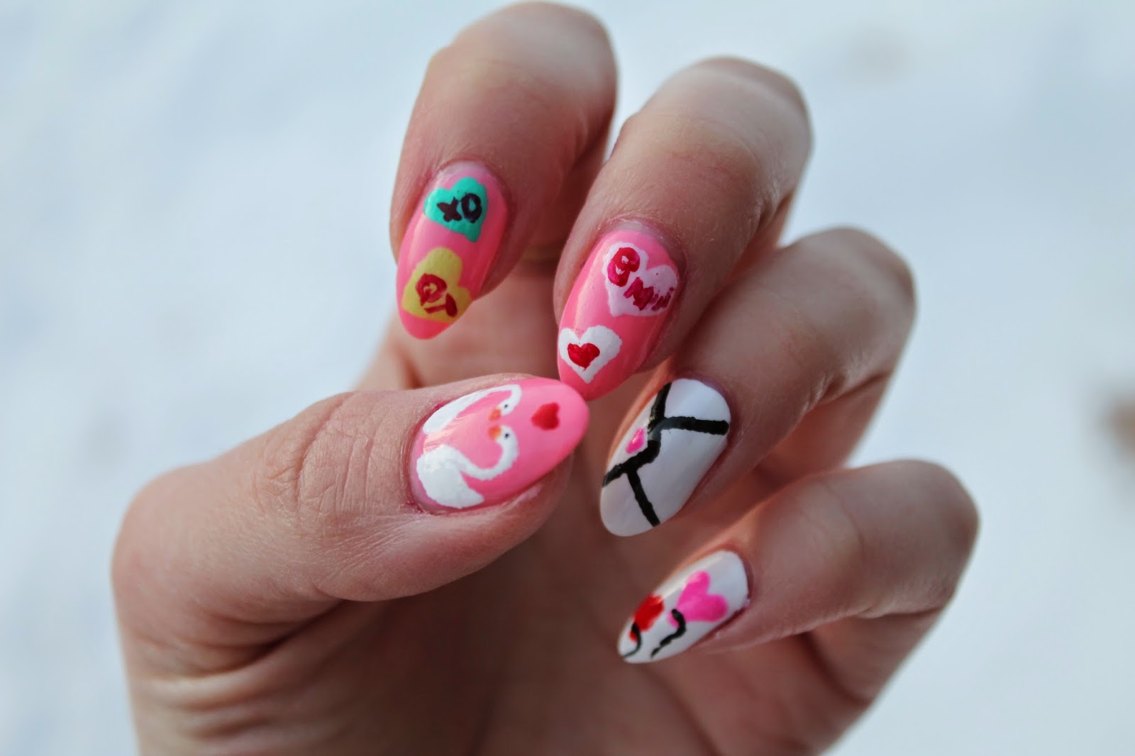 valentine nail art with chevron and heart