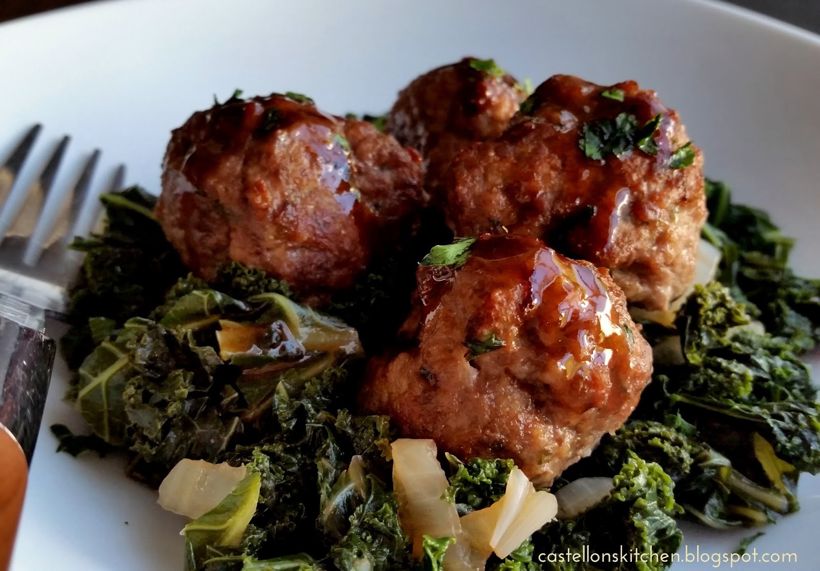 Castellon's Kitchen Salisbury Meatballs with Kale and Balsamic Butter
