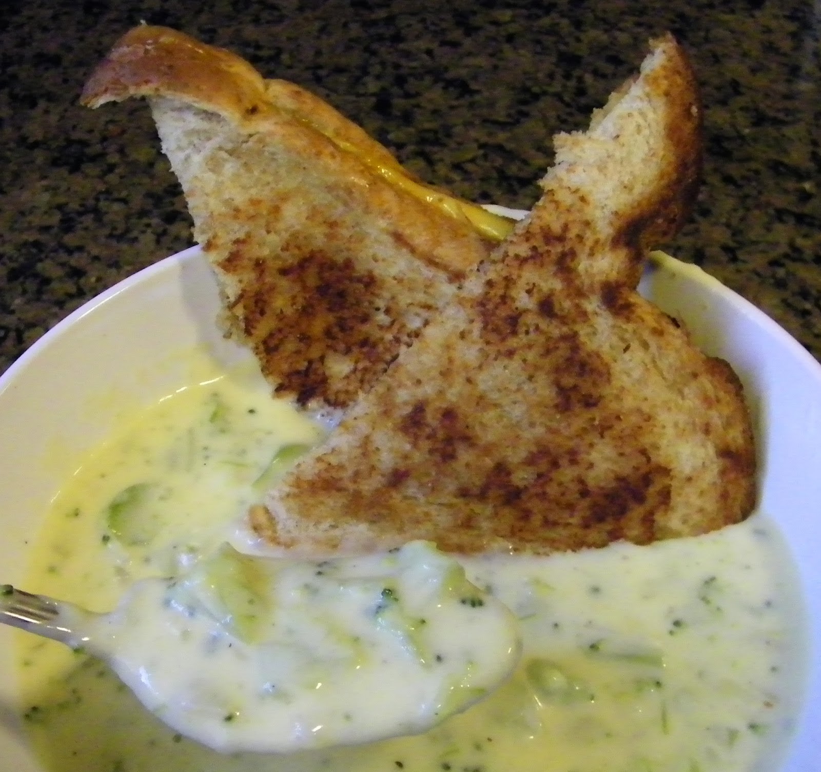 Cheesy Broccoli Soup with Grilled Cheese Sandwiches theapron