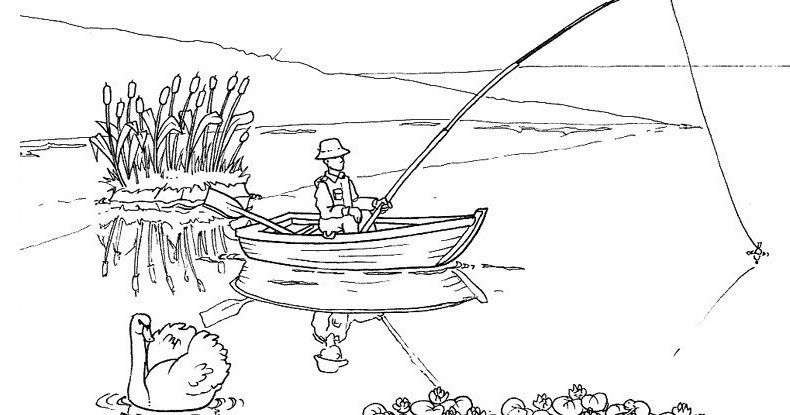 Hombre pescando en lago par colorear y pintar ~ 4 Dibujo